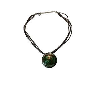 Green and Gold Swirl Glass Pendant Necklace with Multi-Strand Chain